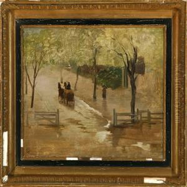 Horse Carriage With Hay In The Rain Oil Painting by Edvard Frederik Petersen