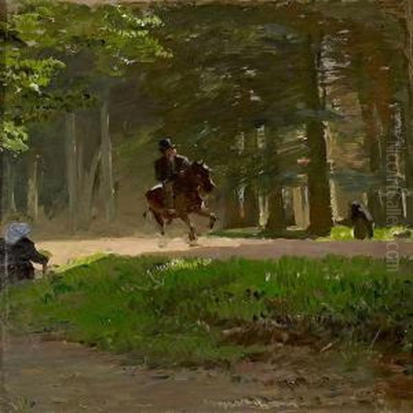 A Horseman In A Summerforest Oil Painting by Edvard Frederik Petersen