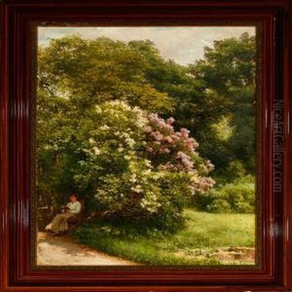 Blomstrende Syrener I En Have Oil Painting by Edvard Frederik Petersen