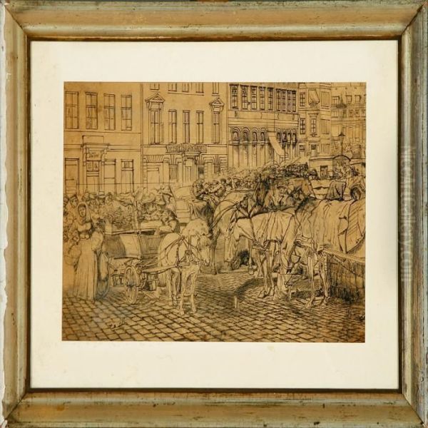 Market Scenery On Nytorv Square In Copenhagen Oil Painting by Edvard Frederik Petersen