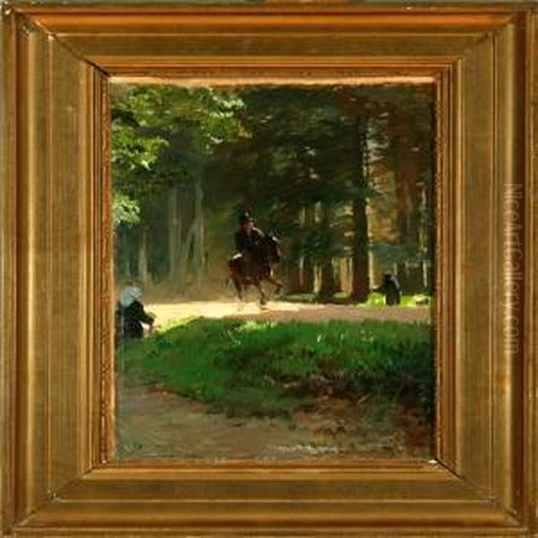 A Horseman In A Summer Forest Oil Painting by Edvard Frederik Petersen