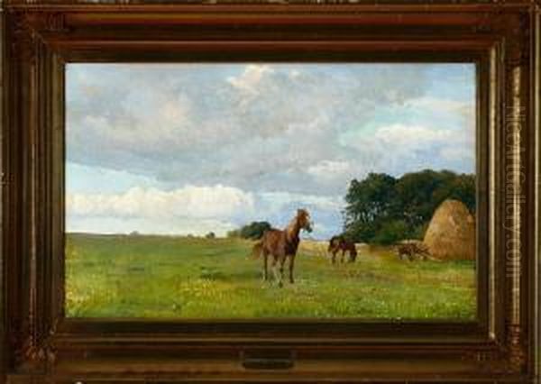 Horses On A Meadow Oil Painting by Edvard Frederik Petersen