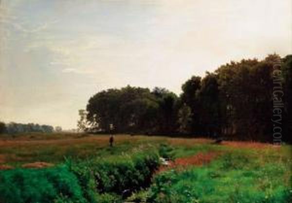 A Tranquil Summer Landscape Oil Painting by Edvard Frederik Petersen