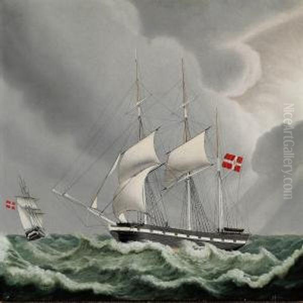 A Danish Bark In Rough Sea Oil Painting by Jacob Petersen