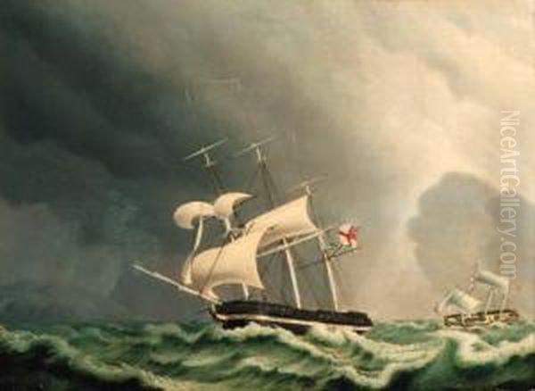 A British And A Danish Frigate Under Reduced Sails In Heavyseas Oil Painting by Jacob Petersen