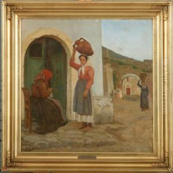 Italien Villagescenery With Women Fetching Water By The Well Oil Painting by Sophie Petersen