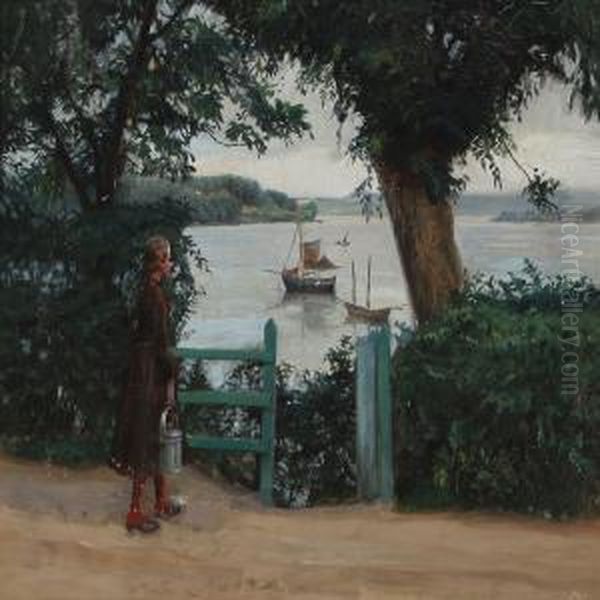 Scenery From Svendborg, In The Front A Girl Oil Painting by Tom Petersen