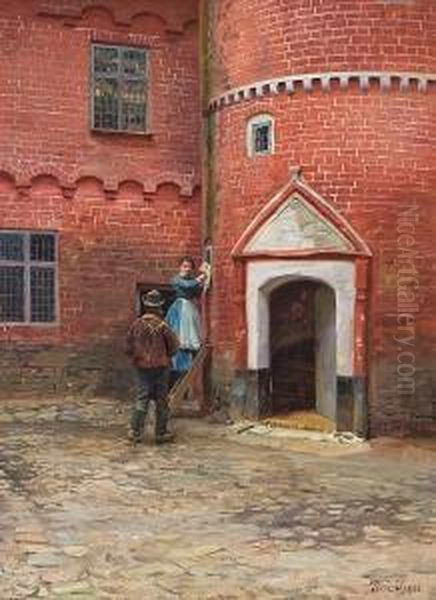 Morgning Visit, In The Courtyard On Sonderborg Slot Oil Painting by Tom Petersen