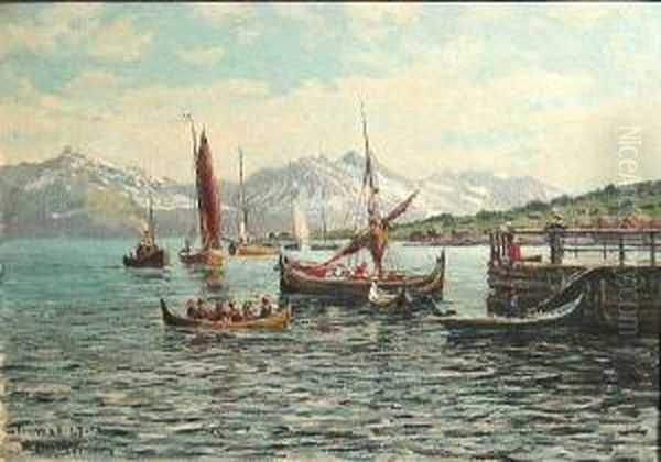 A View Of Tromso, Norway Oil Painting by Heinrich Petersen-Flensburg