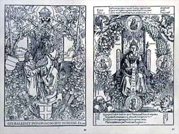 Philosophy an enthroned female figure surrounded by a laurel wreath with verses describing the provinces of Germany Oil Painting by Durer or Duerer, Albrecht