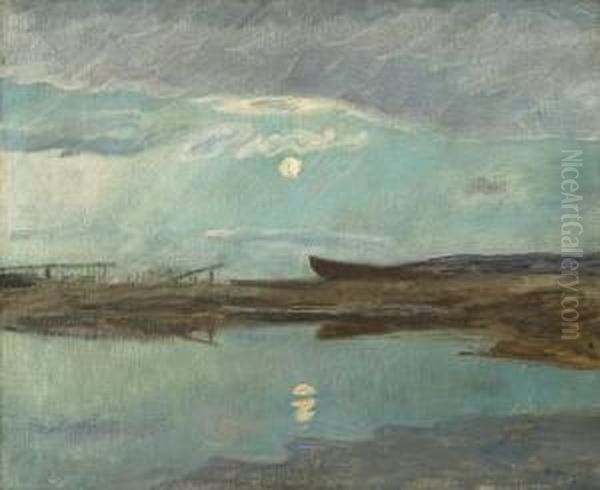 Coastal Landscape In Moonlight Oil Painting by Eilif Peterssen