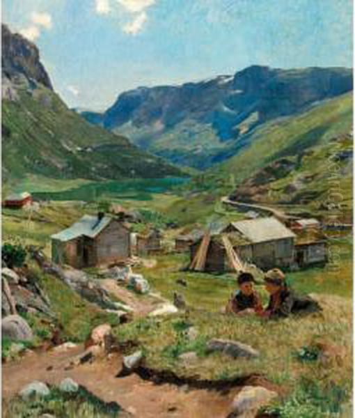 Sommerdag, Utsikt Over Dalen Ved Skogstad (summer Day: View Of The Valley At Skogstad) Oil Painting by Eilif Peterssen