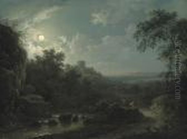 A Moonlit River Landscape With Cattle On A Track Oil Painting by Abraham Pether