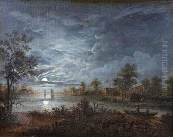 Moonlit River Landscape Oil Painting by Abraham Pether