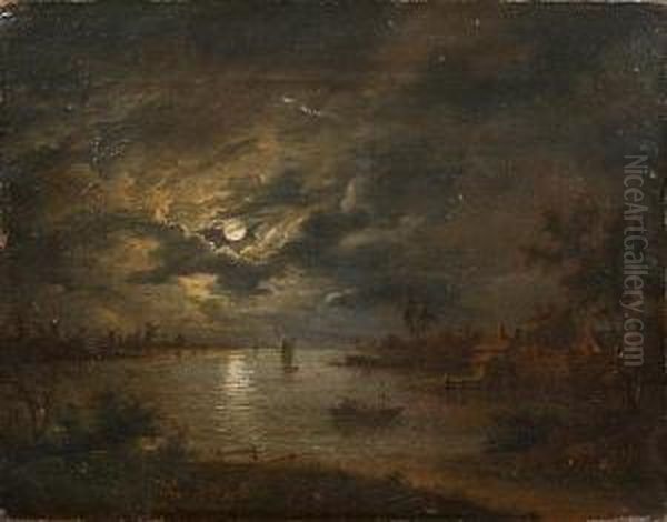 A Moonlit Estuary Scene Oil Painting by Abraham Pether