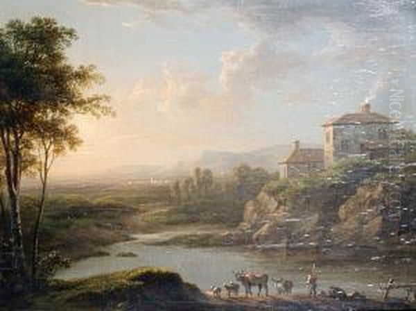 A Cattle Drover On A River Bank, An Extensivelandscape Beyond Oil Painting by Abraham Pether