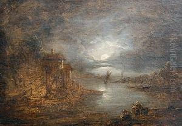 A Moonlit River Landscape Oil Painting by Abraham Pether