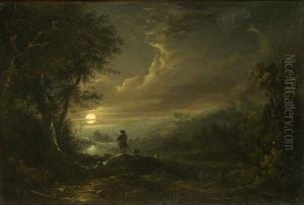 Ra Shepherd And His Flock In A Moonlit Landscape Oil Painting by Abraham Pether