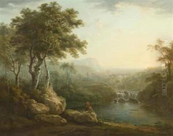 River Landscape With Travellers. Oil Painting by Abraham Pether