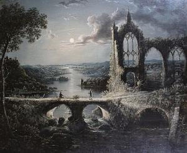 Moonlit River Landscape With Figures On Abridge Before Ruins Oil Painting by Abraham Pether