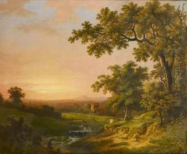 A River Landscape At Sunset With A Fisherman On The Bank In The Foreground Oil Painting by Abraham Pether