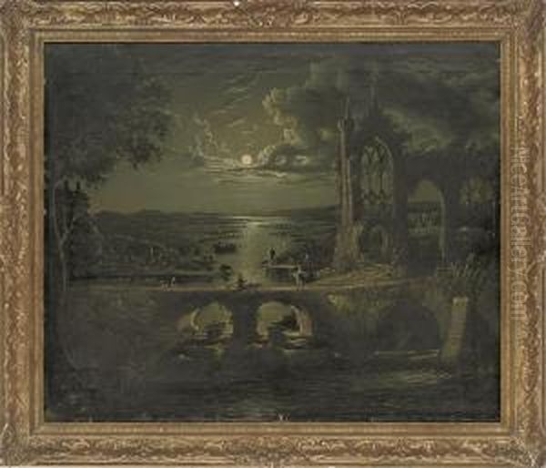 A Moonlit View Of A River With A Ruined Abbey In The Foreground And Figures On A Bridge Oil Painting by Abraham Pether