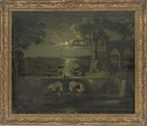 A Moonlit View Of A River With A Ruined Abbey In The Foreground Andfigures On A Bridge Oil Painting by Abraham Pether