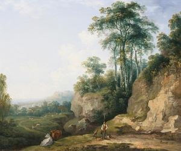 Drover And Cattle By An Outcrop Oil Painting by Abraham Pether