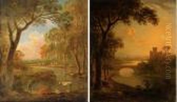 An Italianate River Landscape 
With An Angler At Sunset; And A Wooded Landscape With A Shepherd And His
 Flock By A Stream Oil Painting by Abraham Pether