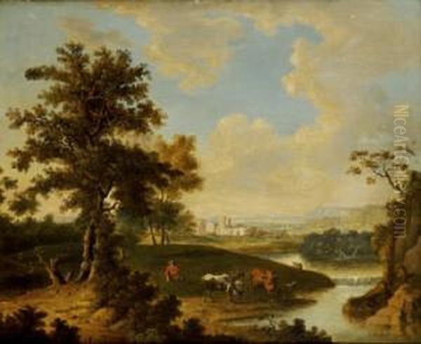 Shepherd Tending His Herd In A Continental Landscape Oil Painting by Abraham Pether