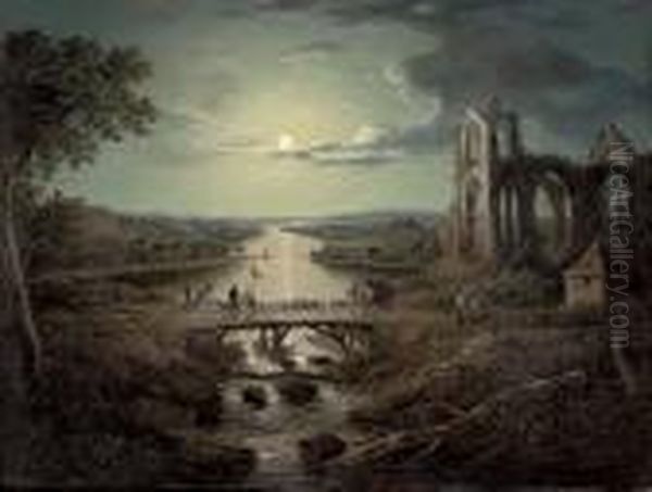 A Moonlit View Of The River 
Tweed With Melrose Abbey In The Foreground And Figures On A Bridge Oil Painting by Abraham Pether