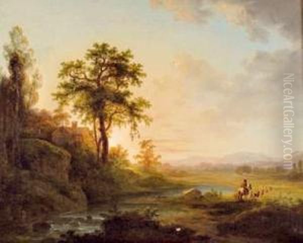 Troupeau Et Cavaliers Dans Un Paysage Au Soleil Couchant Oil Painting by Abraham Pether