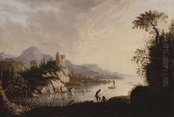 River Landscape With Fishermen In The Foreground, A Castle Beyond Oil Painting by Abraham Pether