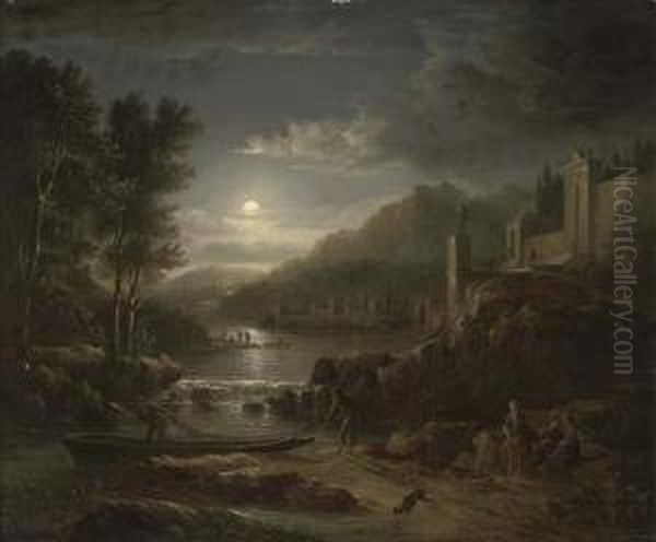 Fishermen Along A River By Moonlight Oil Painting by Abraham Pether