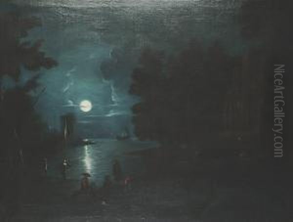 A Moonlit Estuary Scene, With Figures Around A Fire Oil Painting by Abraham Pether