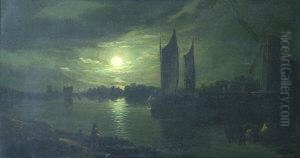 Moonlit River Landscape With Sailing Barges Oil Painting by Abraham Pether