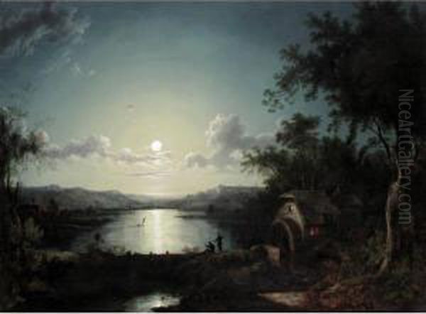 Fishermen At Moonlight Oil Painting by Abraham Pether