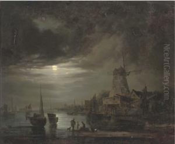 Figures On The Bank Of A River, By Moonlight Oil Painting by Abraham Pether