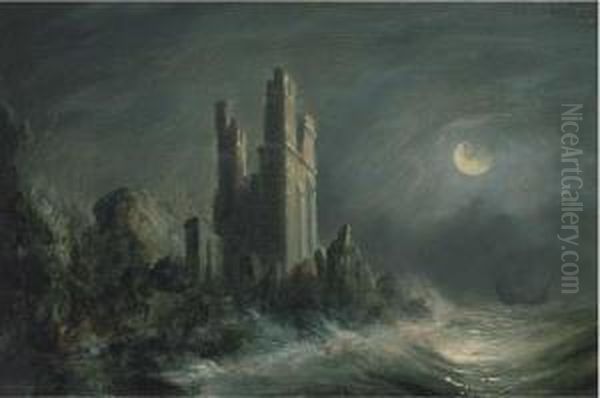 A Ruined Castle On A Stormy Moonlit Coast Oil Painting by Abraham Pether