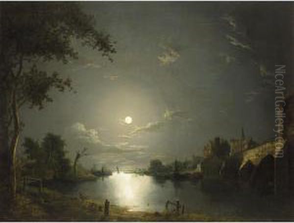 Moonlit River Landscape With A Town By A Bridge Oil Painting by Abraham Pether