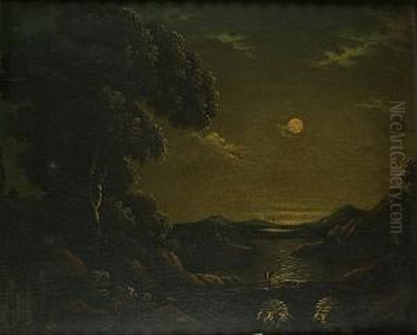 A Moonlit River Landscape With A Solitary Figure Crossing A Bridge In The Foreground Oil Painting by Abraham Pether