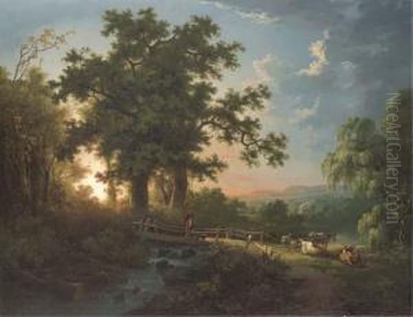 A Wooded River Landscape, With A Faggot Gatherer On A Bridge,cattle And Sheep Oil Painting by Abraham Pether