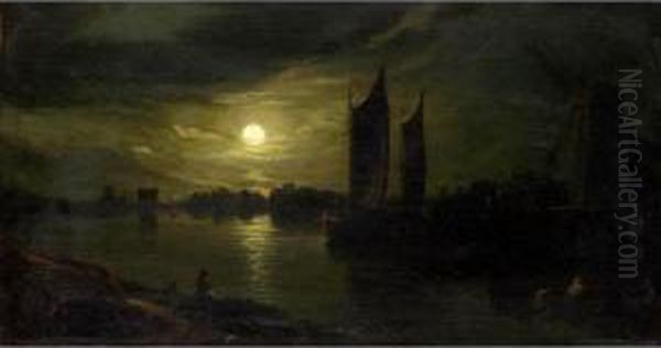 Barges By Moonlight Oil Painting by Abraham Pether