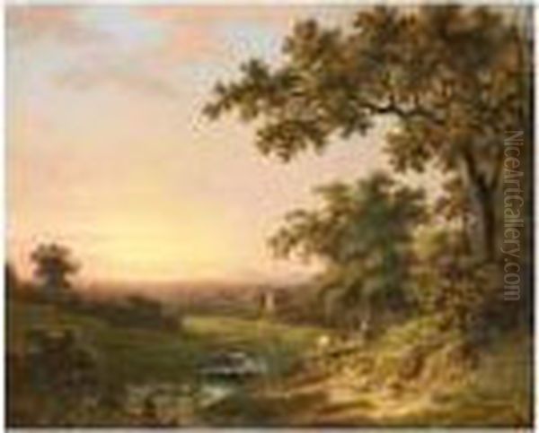 Extensive River Landscape At Sunset With A Fisherman In The Foreground Oil Painting by Abraham Pether