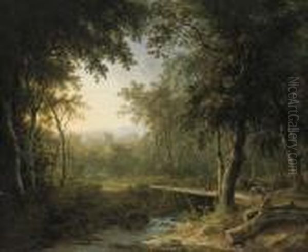 A Figure On A Bridge Before A Village At Dusk Oil Painting by Abraham Pether