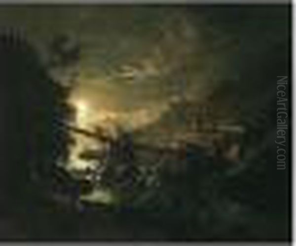 Moonlit River Landscape With Figures Crossing A Bridge Oil Painting by Abraham Pether