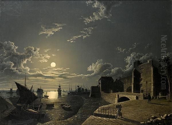 Harbour Scene At Moonlight, Possibly Portsmouth Oil Painting by Henry Pether