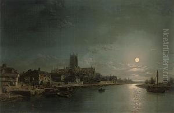 A View Of Worcester Cathedral From The River Severn, By Moonlight Oil Painting by Henry Pether