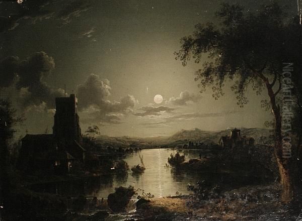 Church On A River By Moonlight Oil Painting by Henry Pether