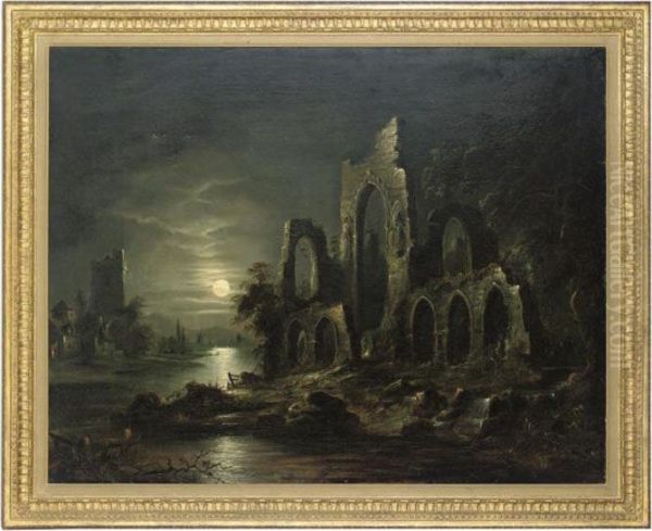 Ruined Abbey By Moonlight Oil Painting by Henry Pether